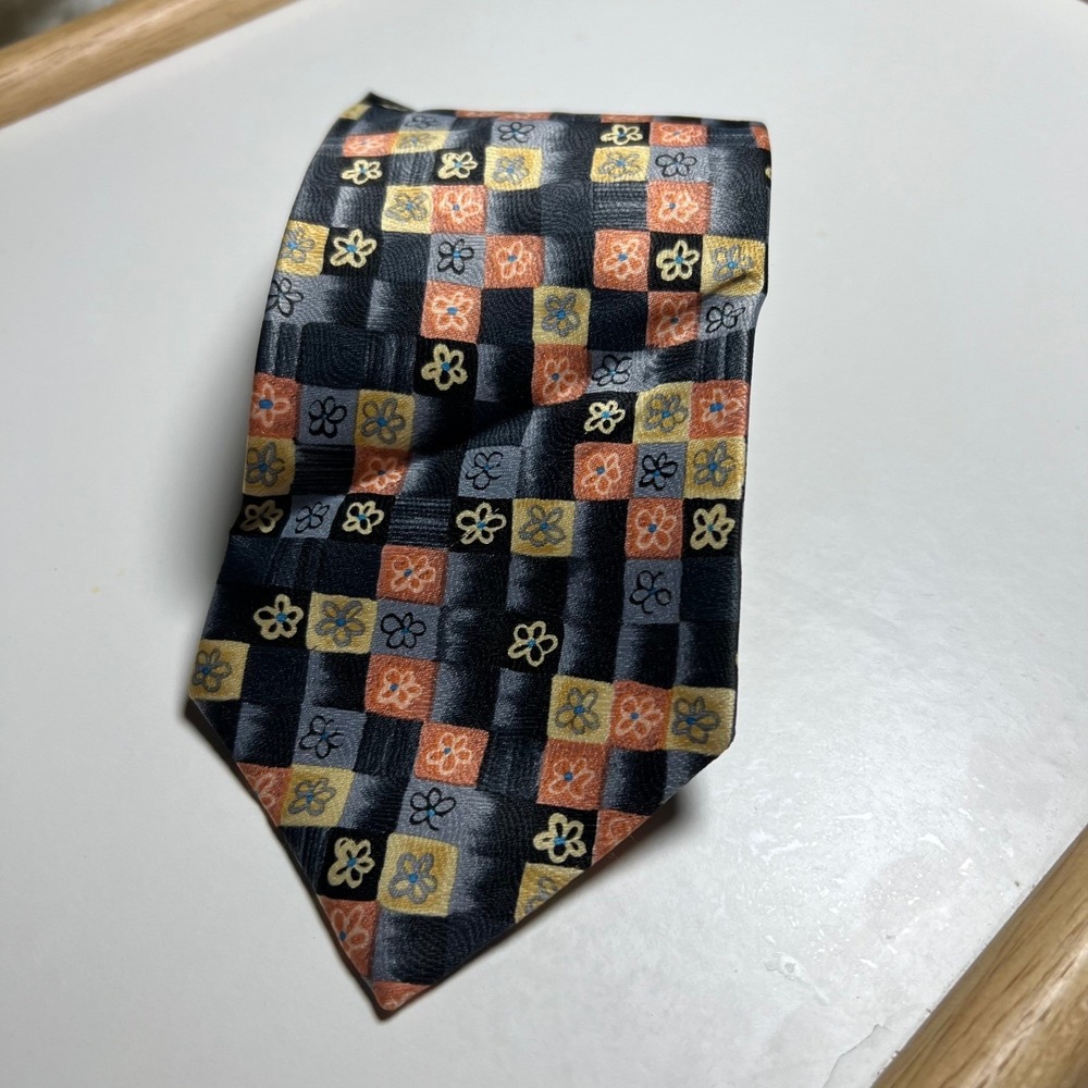 Firenze Mens Necktie Geometric Floral Checkerboard Black One Size